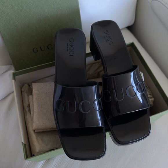NEW GUCCI BLACK Rubber Logo Platform Block Heel Slide Sandals Size 10 US 40 EU - Picture 2 of 8